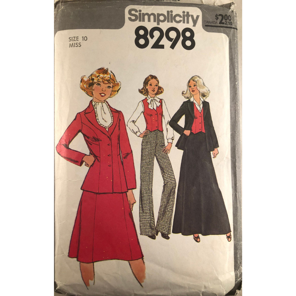 VINTAGE, SIMPLICITY, 1977, VEST, PANTS, JACKET, SKIRT , #8298, MISS SIZE 10